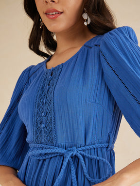 Blue Solid Lace Detail Belted Maxi Dress