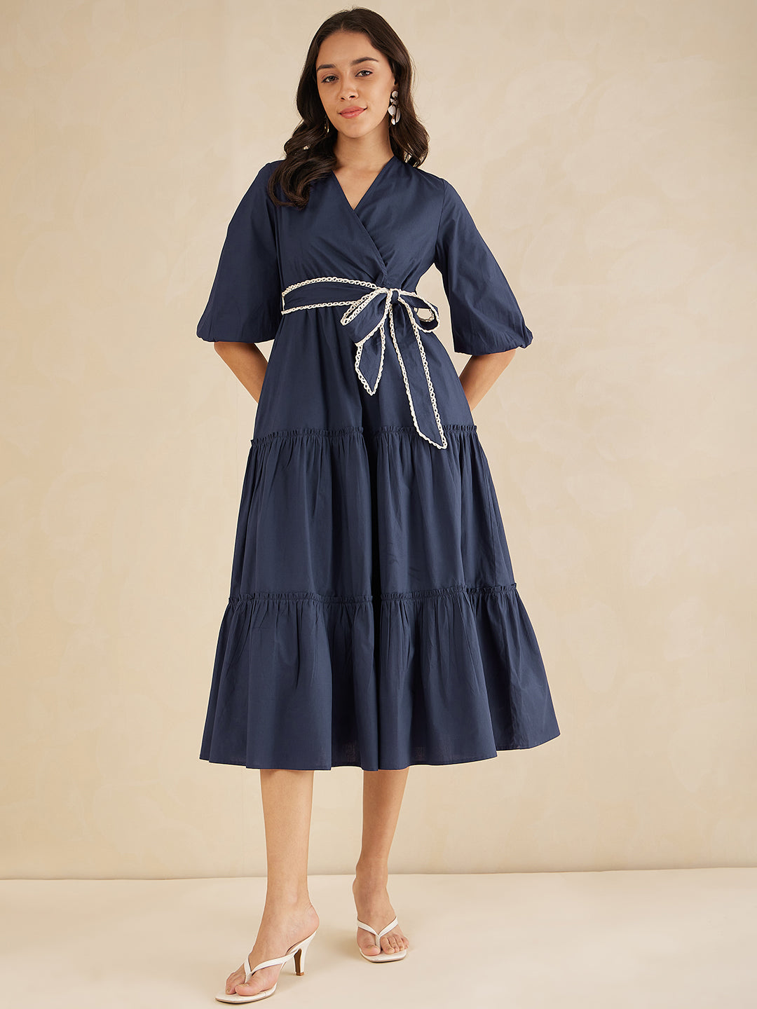 Navy Cotton Poplin Wrap Maxi Dress