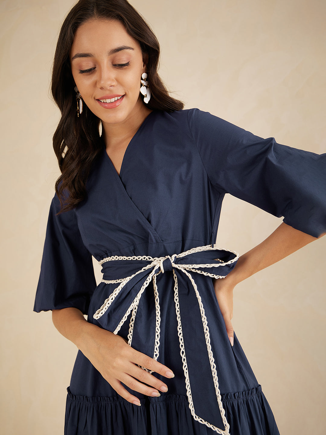 Navy Cotton Poplin Wrap Maxi Dress