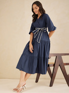 Navy Cotton Poplin Wrap Maxi Dress