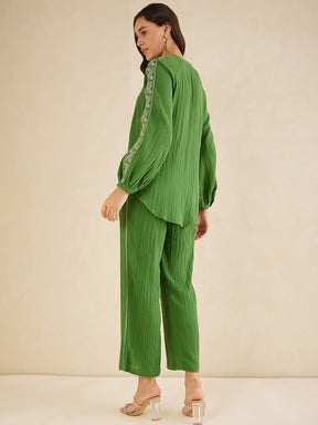 Green Solid Embroidered Cotton Coord Set