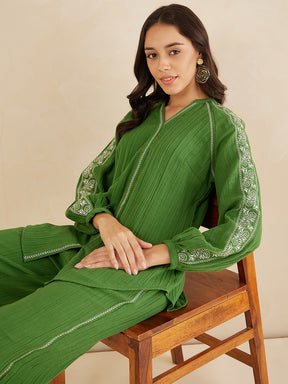 Green Solid Embroidered Cotton Coord Set