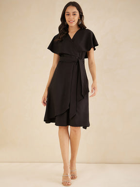 Black Kimono Wrap Belted Midi Dress