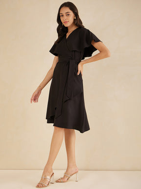 Black Kimono Wrap Belted Midi Dress