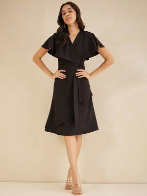 Black Kimono Wrap Belted Midi Dress