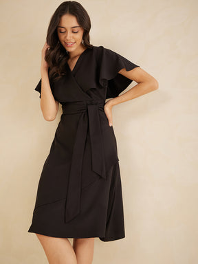 Black Kimono Wrap Belted Midi Dress