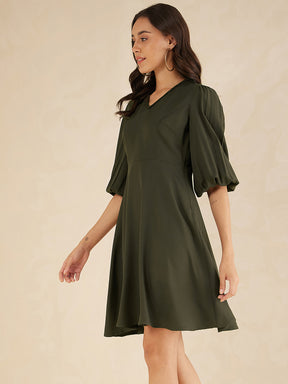 Olive Fit And Flare Knee Length Dress