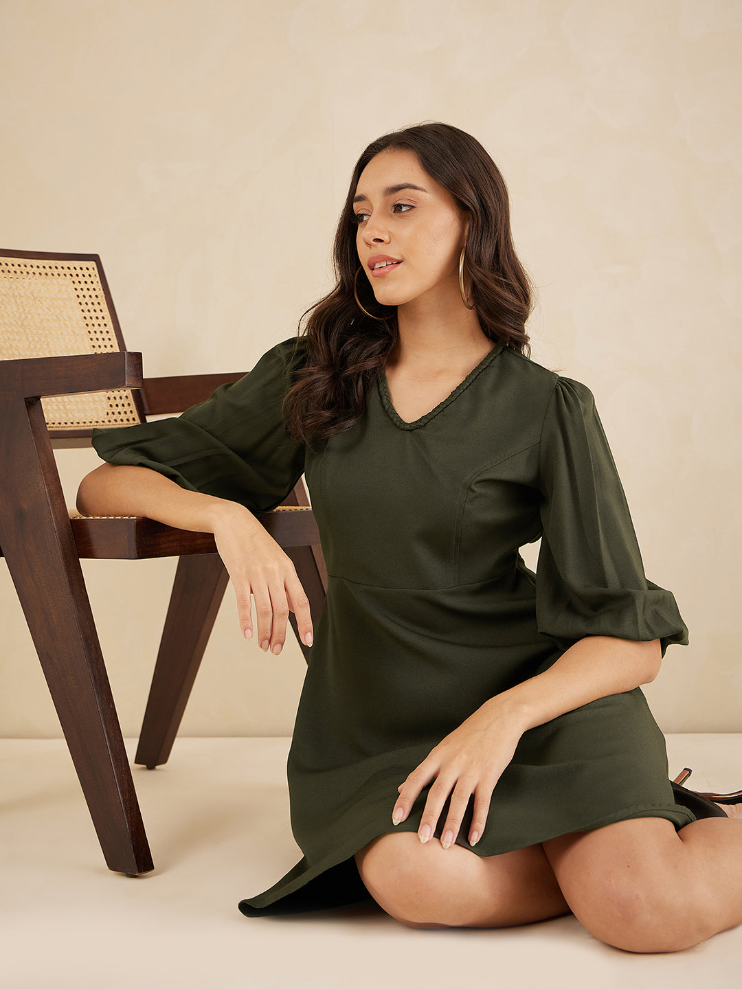 Olive Fit And Flare Knee Length Dress