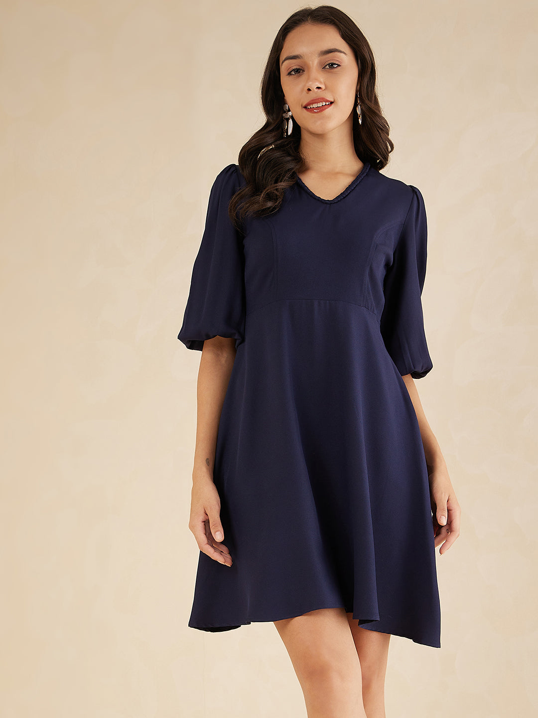 Navy Fit And Flare Knee Length Dress