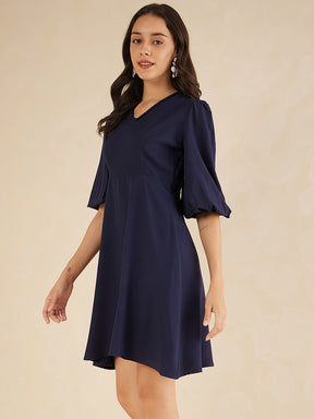 Navy Fit And Flare Knee Length Dress