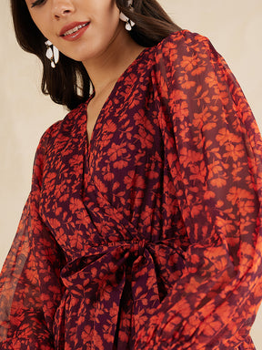 Orange Floral Printed Wrap Maxi Dress