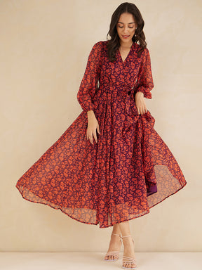 Orange Floral Printed Wrap Maxi Dress