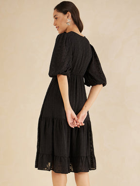 Black Dobby Lurex Wrap Tiered Midi Dress
