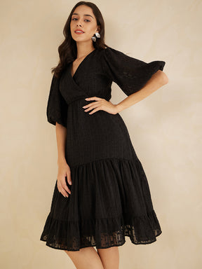 Black Dobby Lurex Wrap Tiered Midi Dress