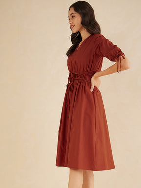 Rust Cotton Poplin Ruched Midi Dress