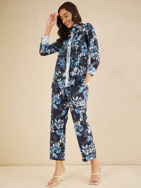 Navy Cotton Laced Shirt Co-Ord Set