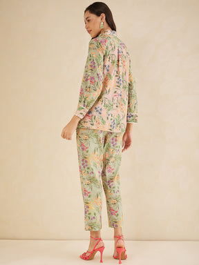 Green Cotton Laced Shirt Co-Ord Set