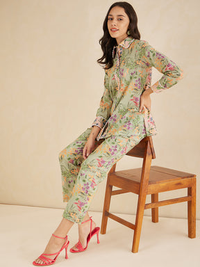 Green Cotton Laced Shirt Co-Ord Set