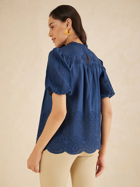 Navy Schiffli A Line Top
