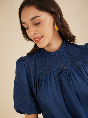 Navy Schiffli A Line Top