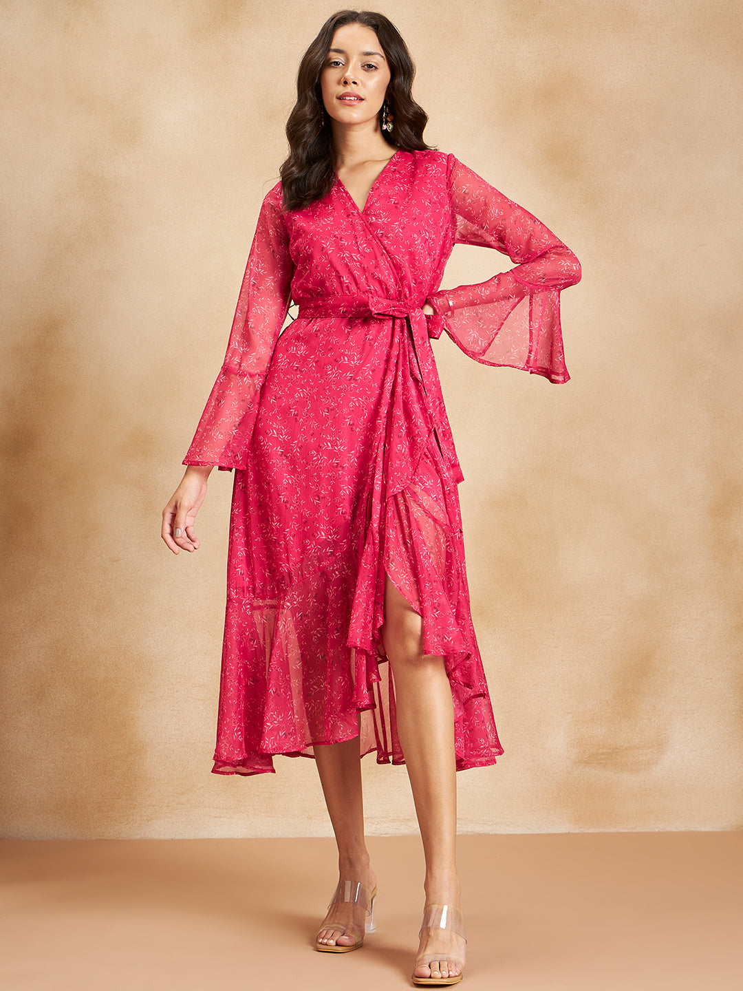 Pink Leaf Printed Wrap Maxi Dress