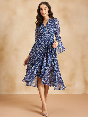 Navy And White Floral Wrap Maxi Dress