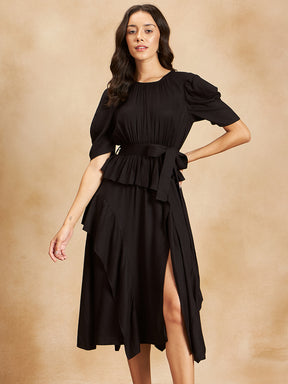 Black Asymmetric Tiered Belted Midi Dress