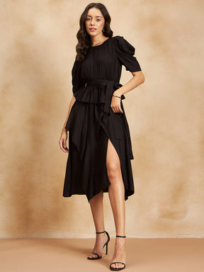Black Asymmetric Tiered Belted Midi Dress