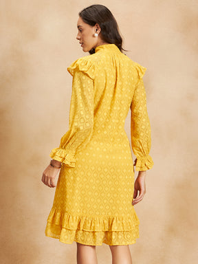 Yellow Dobby A-Line  Midi Dress