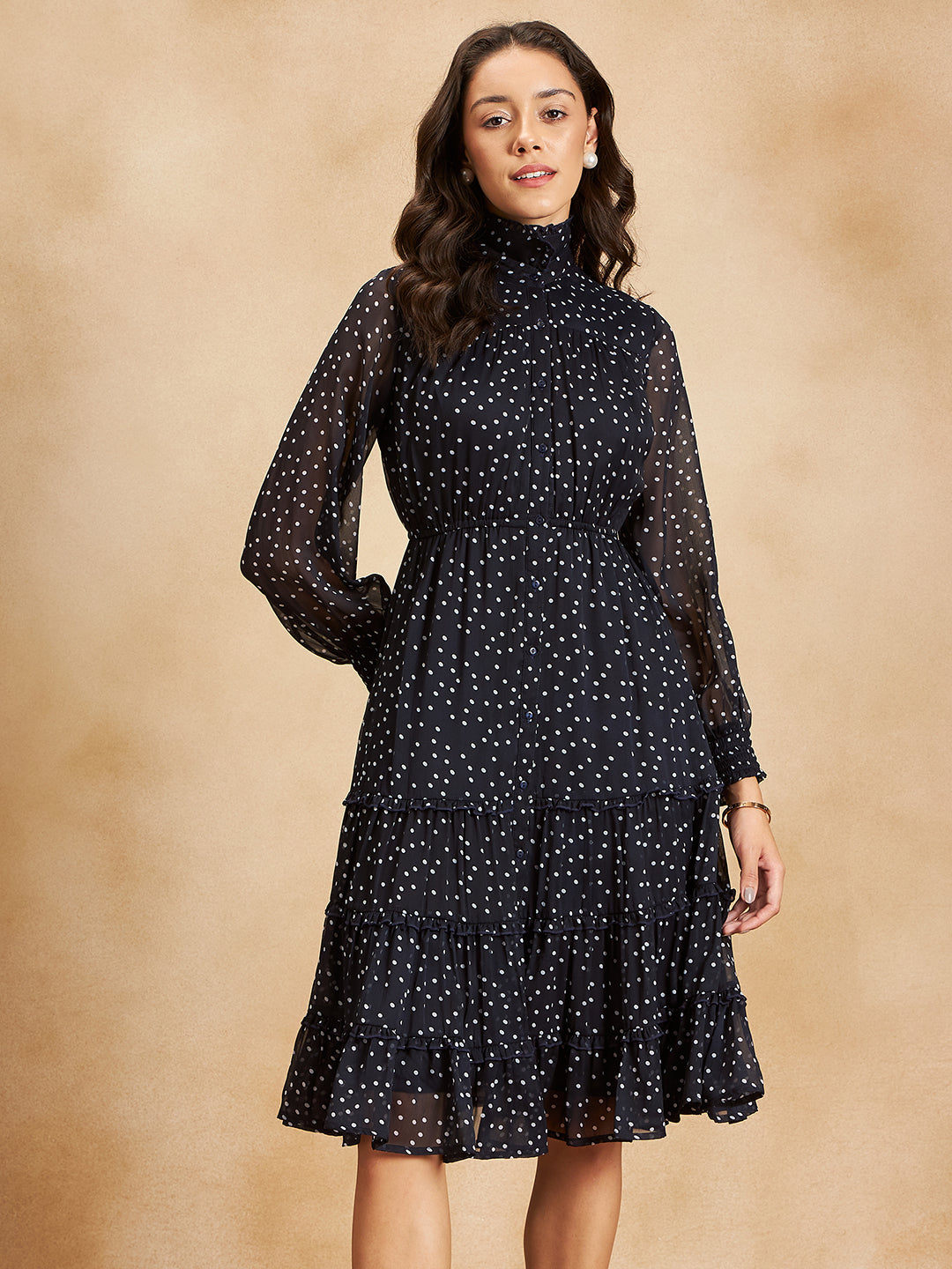 Navy Polka Tiered Midi Dress