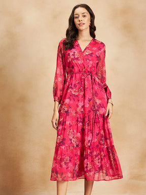 Pink Floral Printed Wrap Tiered Maxi Dress