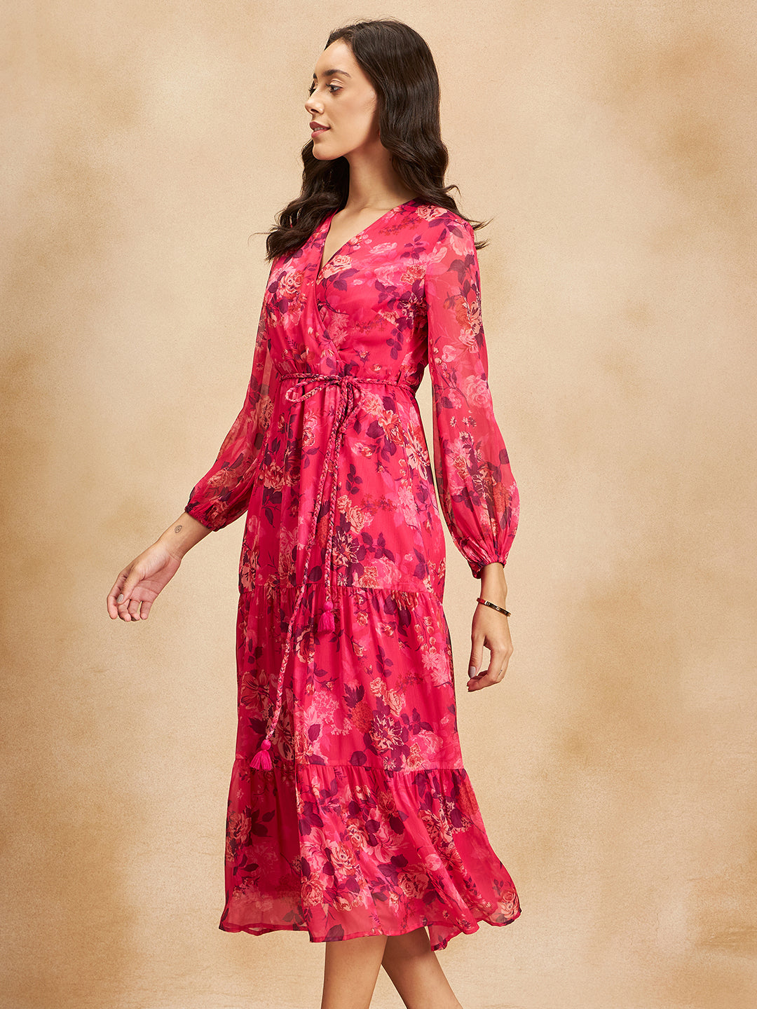 Pink Floral Printed Wrap Tiered Maxi Dress