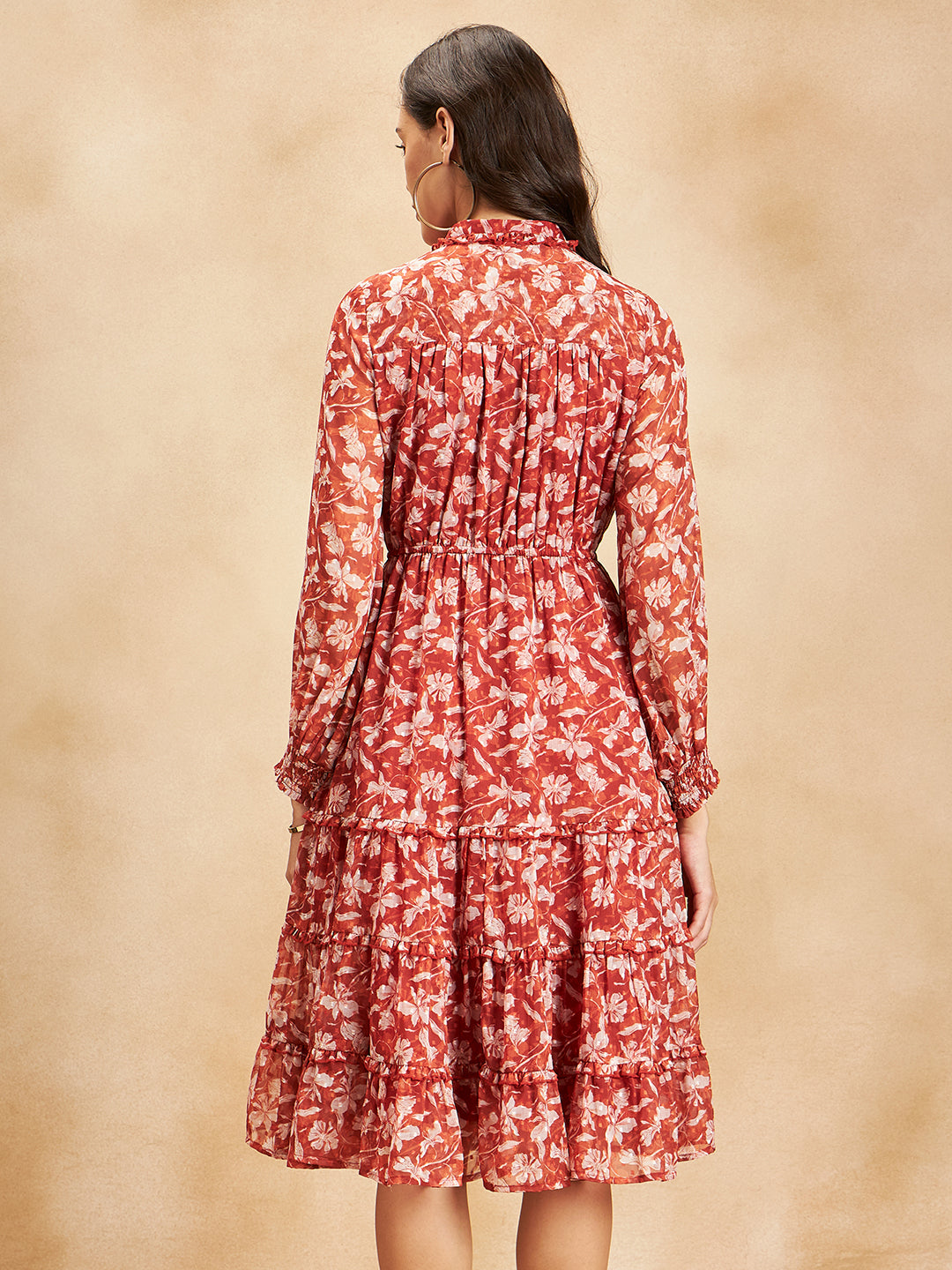 Rust And White Floral Tiered Midi Dress