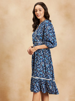 Navy And White Floral Belted Midi Dress