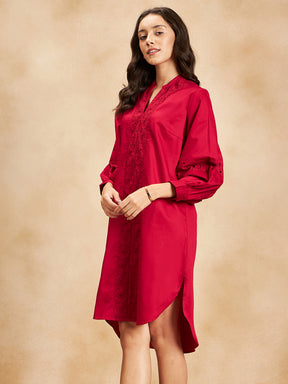 Red Cotton  Shift Midi Dress