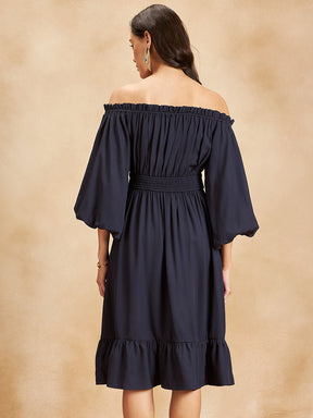 Navy Off Shoulder Tiered Slit Midi Dress