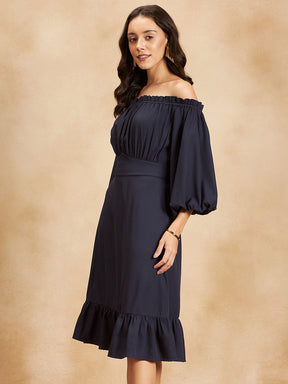 Navy Off Shoulder Tiered Slit Midi Dress