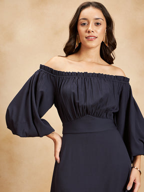 Navy Off Shoulder Tiered Slit Midi Dress