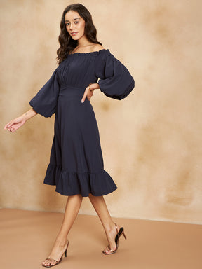 Navy Off Shoulder Tiered Slit Midi Dress