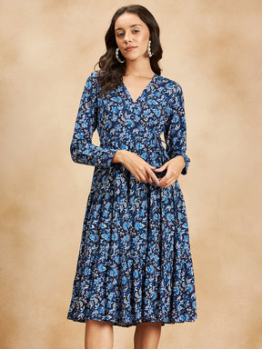 Navy And White Ditsy Floral Wrap Midi Dress