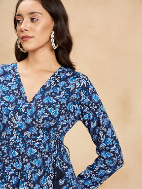 Navy And White Ditsy Floral Wrap Midi Dress