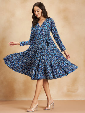 Navy And White Ditsy Floral Wrap Midi Dress