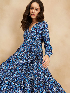 Navy And White Ditsy Floral Wrap Midi Dress