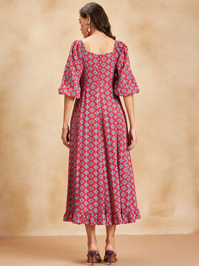 Red Tile Printed Knot Detail Maxi Dress