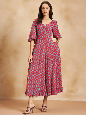 Red Tile Printed Knot Detail Maxi Dress