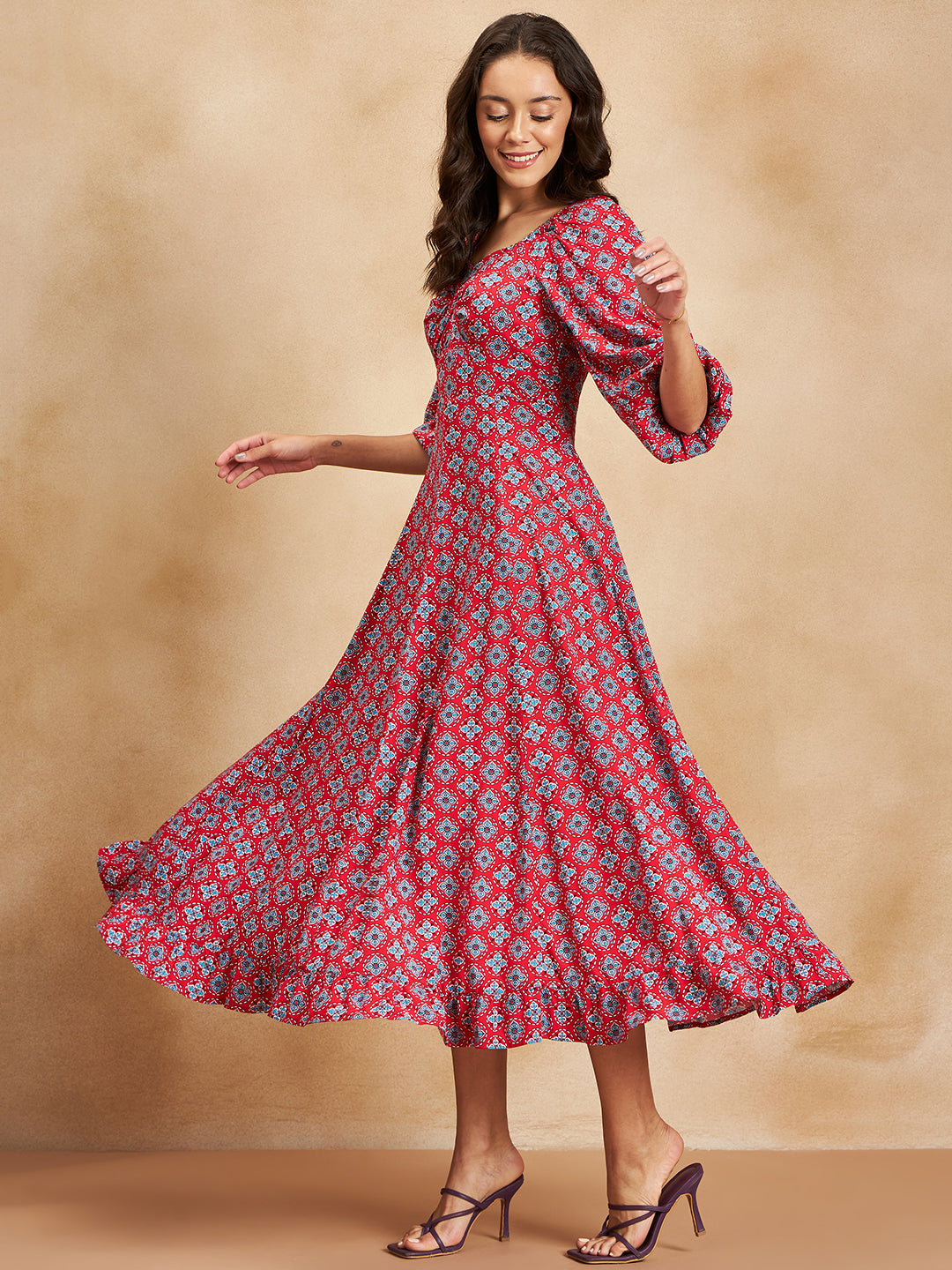 Red Tile Printed Knot Detail Maxi Dress