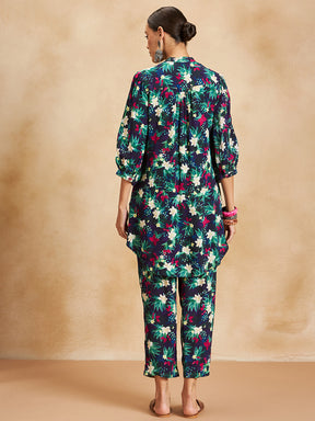 Black Tropical Printed Beaded Button Detail Coord Set