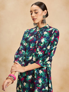 Black Tropical Printed Beaded Button Detail Coord Set