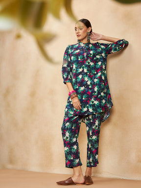 Black Tropical Printed Beaded Button Detail Coord Set
