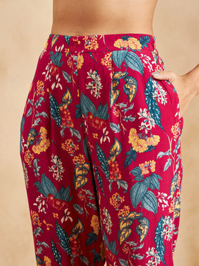 Red Tropical Printed Beaded Button Detail Coord Set